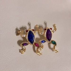 Vintage Pair of Gold Frog Jewel Brooches